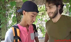 Frowning teen asked to drilled sexy Latin man be expeditious for money