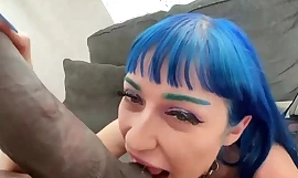 Lascivious blue-haired bitch takes care of giant black schlong